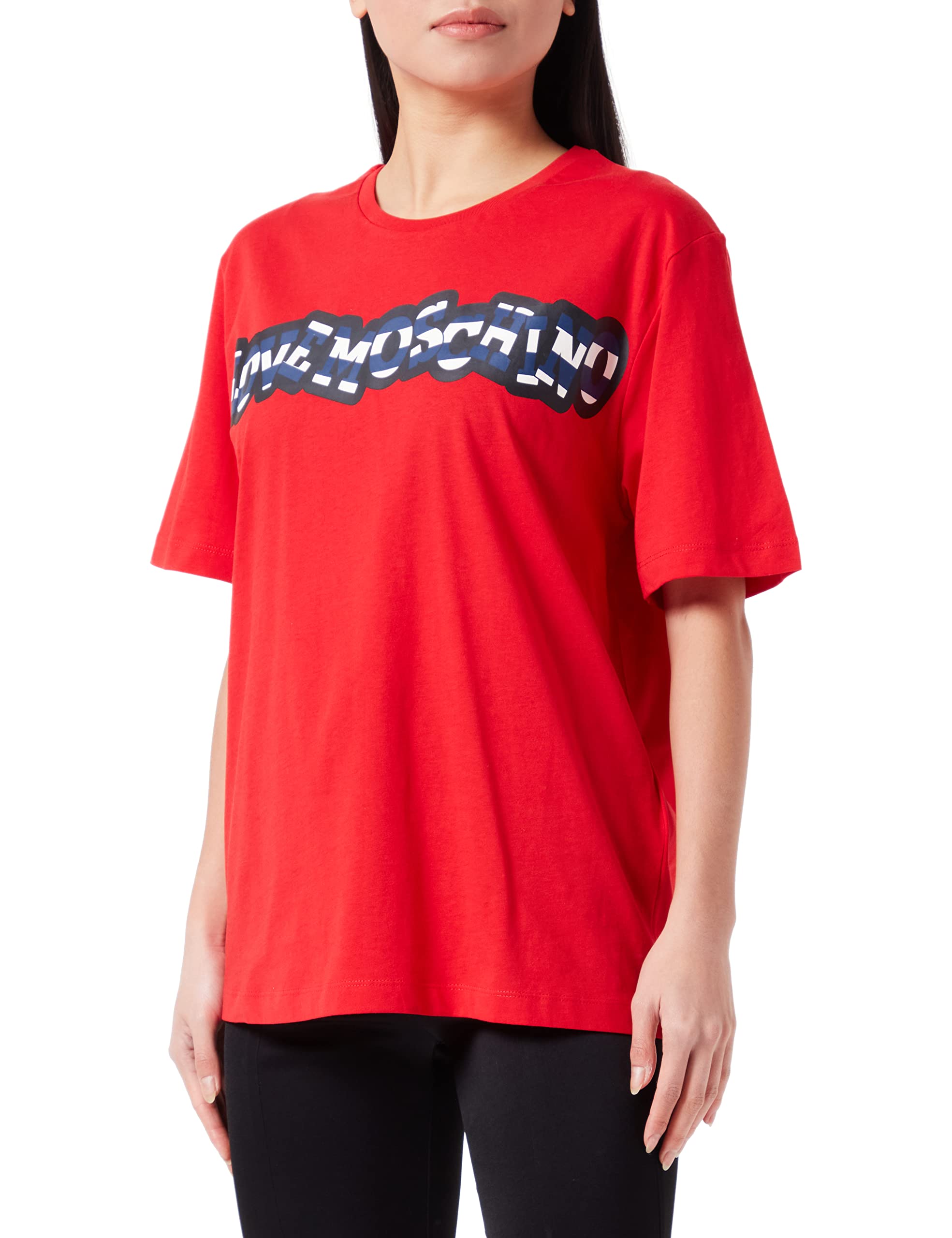 Love Moschino Women's Oversize fit Short-Sleeved with Stripes Logo Water Print T-Shirt, RED, 42