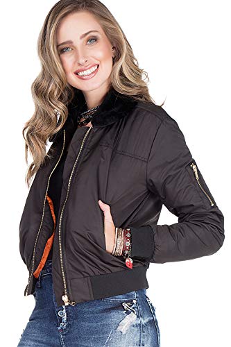 Cipo & Baxx Damen Outdoorjacke Bomberjacke Übergangsjacke Bikerjacke mit Pelzkragen Schwarz XL