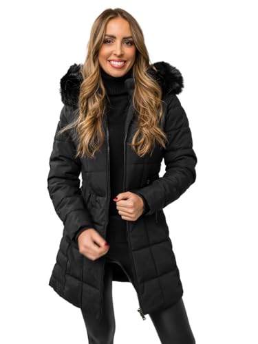 BOLF Damen Winterjacke Parka Gefüttert mit Kunstfell Kapuze Wintermantel Lange Steppjacke Daunenjacke Puffermantel Sportjacke Warm Gefüttert Freizeit Outdoor Casual Style 16M9119 Schwarz XL [D4D]