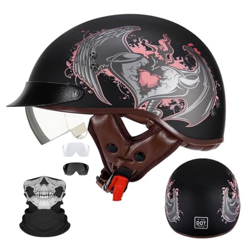 Motorrad Halbhelm Halbschalenhelm Mit Gesichtsschutz ECE-Zulassung Motorradhelm Brain Cap Einziehbaren InnengläSern Schnellverschluss Abnehmbares Waschbares Futter M-2XL 57-64CM