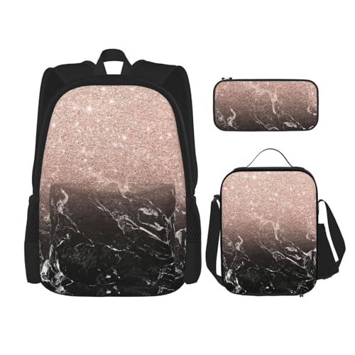 WURTON 3-in-1 Büchertaschen-Set, Marmor-Farbe, rotgoldener Druck, verstellbarer Schulter-Rucksack, Lunch-Tasche, Federmäppchen, Beutel, Schwarz, Einheitsgröße