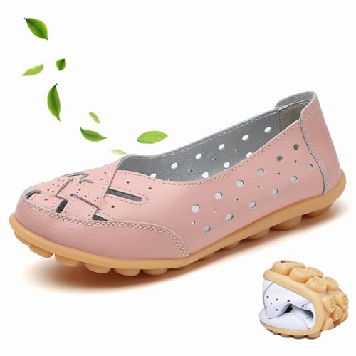 WINDEHAO Orthopädische Loafer aus atmungsaktivem Leder, geschlossene Zehensandalen für Damen, Rindsleder, Loafer, lässige Mokassins, Fahrschuhe, Rosa, Größe 40 EU