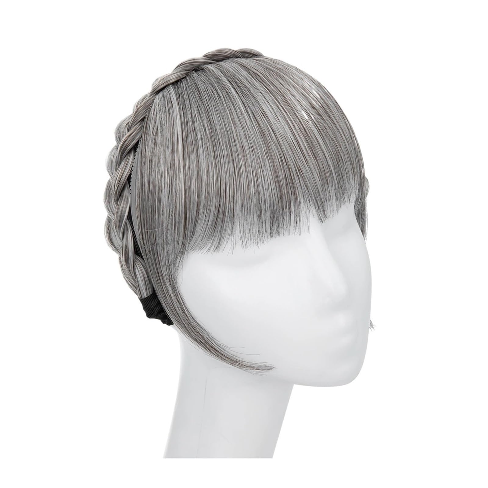 Pony Extension für Damen Synthetische Stirnband-Pony-Verlängerung, Kunsthaar, stumpfe Fransen mit langen Seiten for Frauen, natürliche Flase, schwarz, braun, blond, Pony Fringe Bangs(Medium Gray)