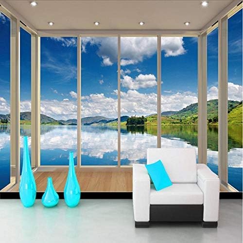 XLMING Blauer Himmel Weiße Wolken See Balkon Fenster Blick 3D Tapeten Home Esszimmer Sofa Schlafzimmer Wohnzimmer TV Hintergrund-200cm×140cm