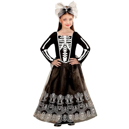 Widmann - Kinderkostüm Skeletria, Kleid, Haarreif mit Schleife, Juwel und Tüll, Halloween, Karneval, Mottoparty