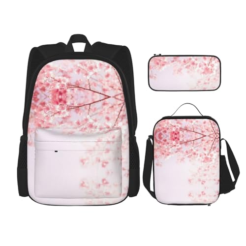 WURTON Schulterrucksack, 3-in-1-Büchertaschen-Set, Lunchbox, Federmäppchen, Reise-Laptop-Tagesrucksack, rosa Kirsch-Druck