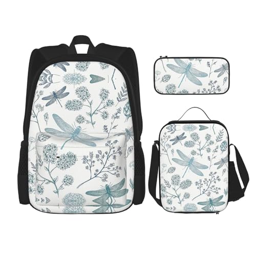 WURTON Libellen-Blumendruck, verstellbare Schultergurte, Rucksack-Set, Lunchtasche, Federmäppchen, Kombinationstaschen-Set