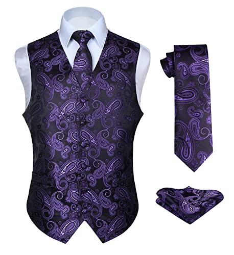 Enlision Herren Paisley Blumenhochzeit Jacquard Weste & Krawatte und Pocket Square Weste Anzug Set Lila