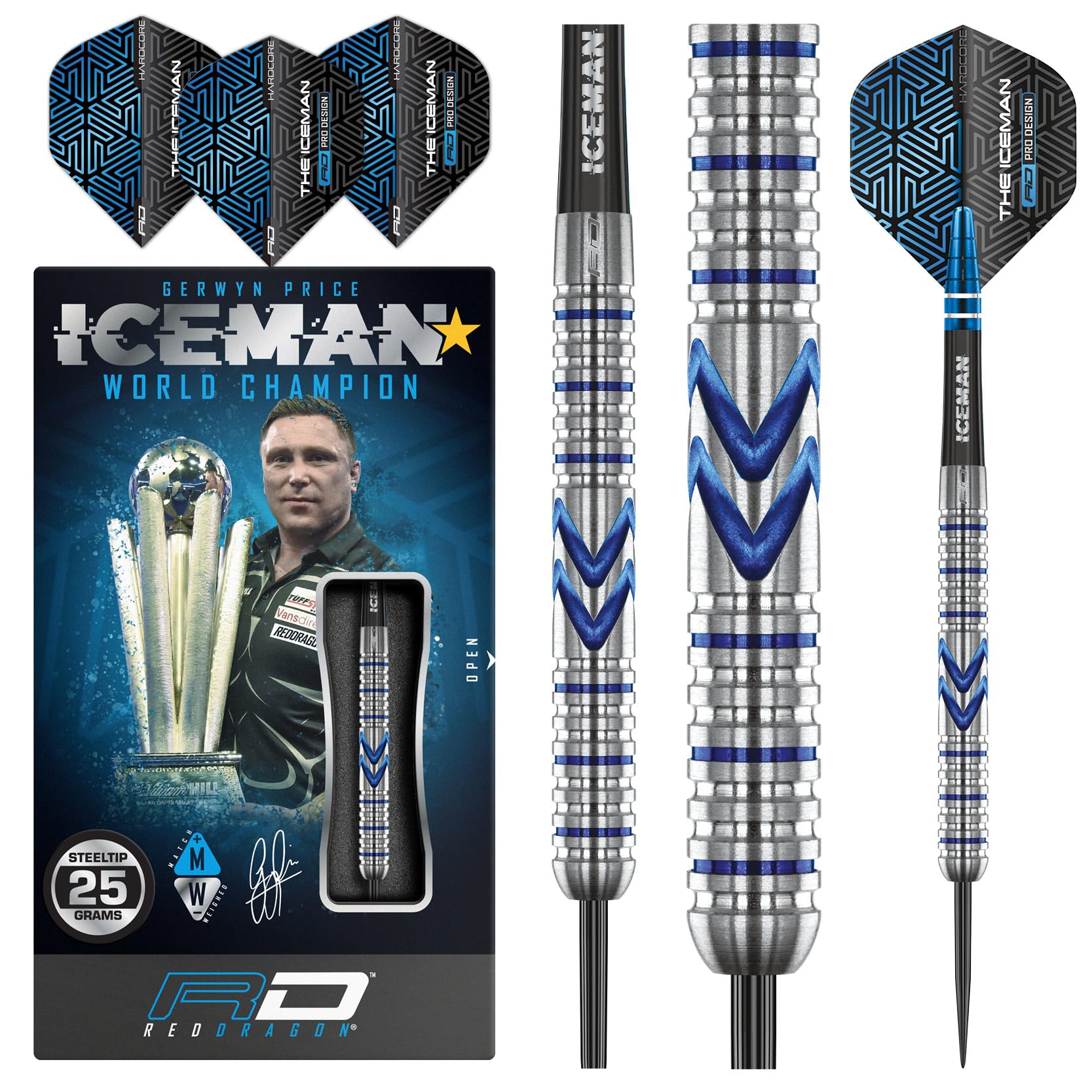 RED DRAGON Gerwyn Price Iceman Midnight Edition 25 Gramm Premium Wolfram Steeltip Dart Set mit Flüge und Schäften