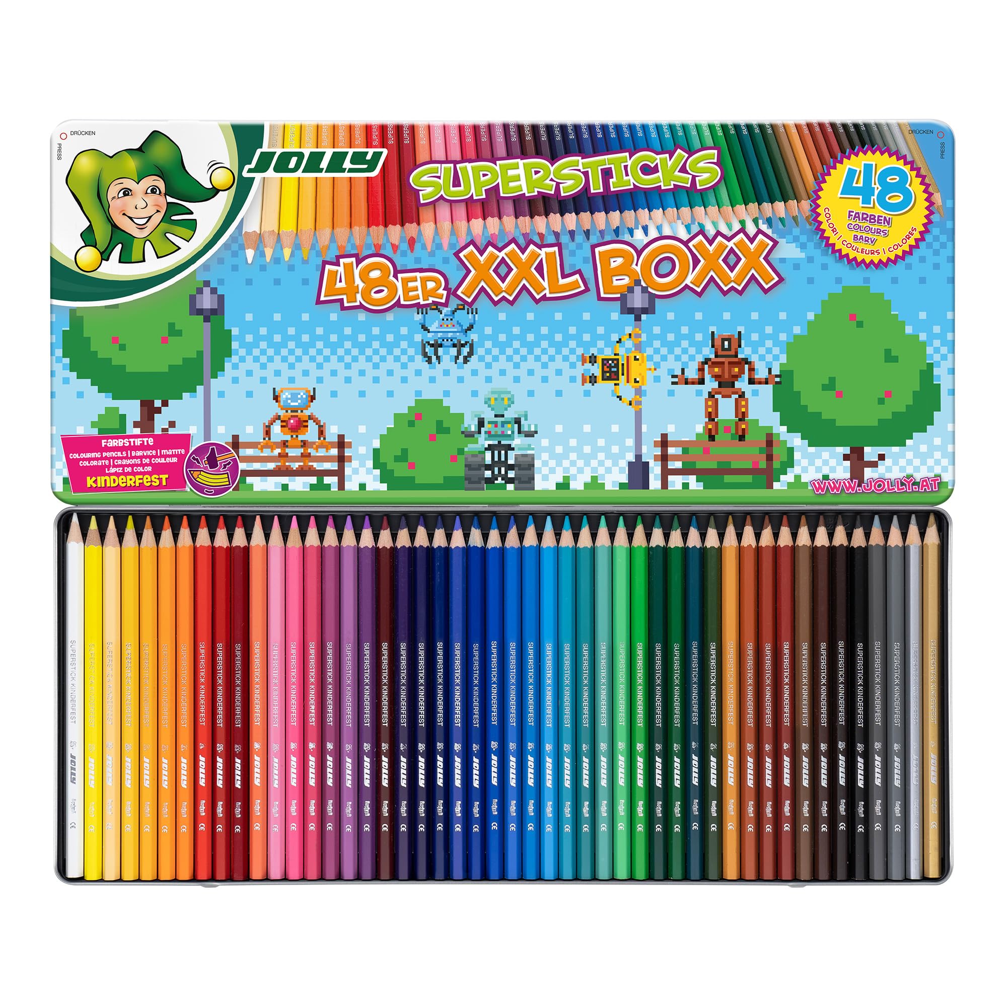 JOLLY Supersticks 48er XXL Box, 48 Kinderfeste & Bruchsichere Farbstifte, ungiftige Buntstifte, leuchtende und satte Farben, in robustem Metalletui mit diversen Pixelgrafiken