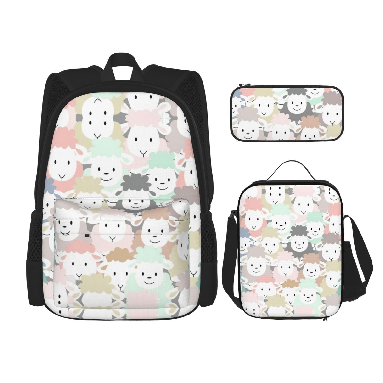 WURTON Niedliches buntes Schaf Cartoon Muster Druck Schule Rucksack 3 In 1 Büchertasche Set Mit Lunchbox Bleistift Fall Reise Laptop Daypacks