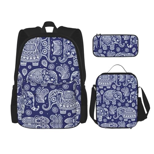 WURTON Boho Elefant Print Schulrucksack 3 in 1 Büchertasche Set mit Lunchbox Federmäppchen Reise Laptop Daypacks