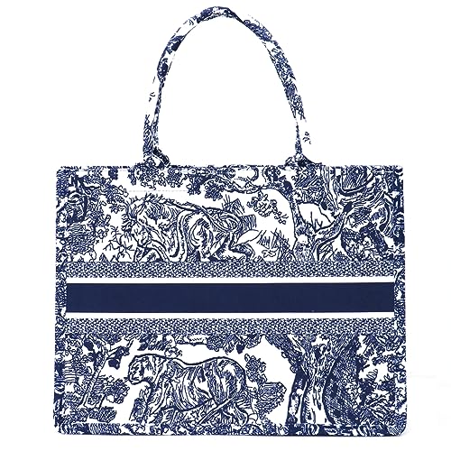 LooshienEU Fashion Luxury Tote Bag Cotton Linen Handbag Large Capacity Jacquard Embroidery Retro Exquisite Blue Large, blue