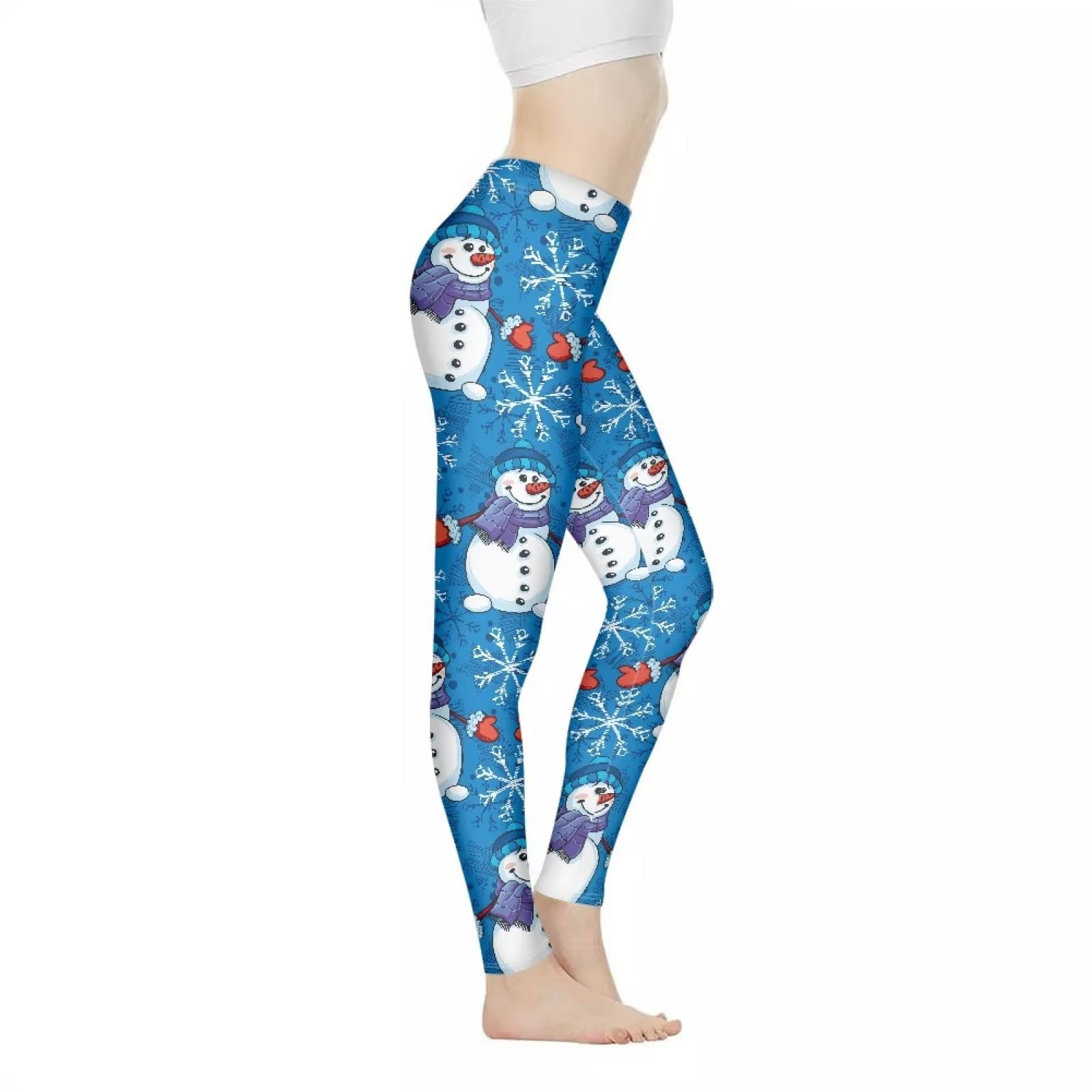 Damen High Waist Yoga Pants Leggings Workout Tights Capri Sport Leggings für Frauen Mädchen, Weihnachten Schneemann Blau, XS