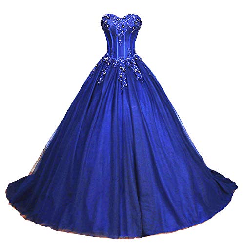 Zorayi Damen Glitzer Trägerlos Tüll Spitze Prinzessin Abschlussballkleider Ballkleid Hochzeitskleider Blau Größe 32