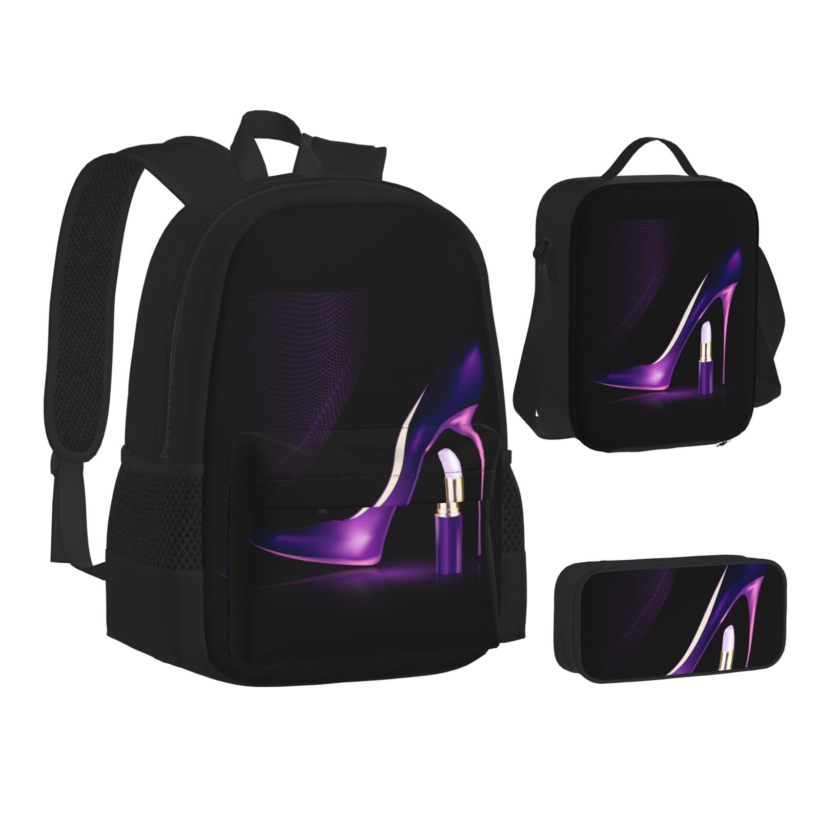 WURTON Elegante Büchertasche mit High-Heel-Aufdruck, 3-in-1, Schulrucksack-Set, Kinderrucksack, Violett