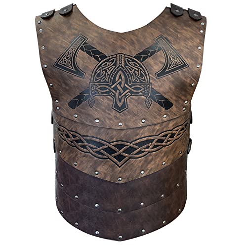 HiiFeuer Wikinger Kunstleder Geprägter Helm Axt Brustschutz, Retro Mittelalter Ritter Lederrüstung für LARP/Cosplay(Braun A)