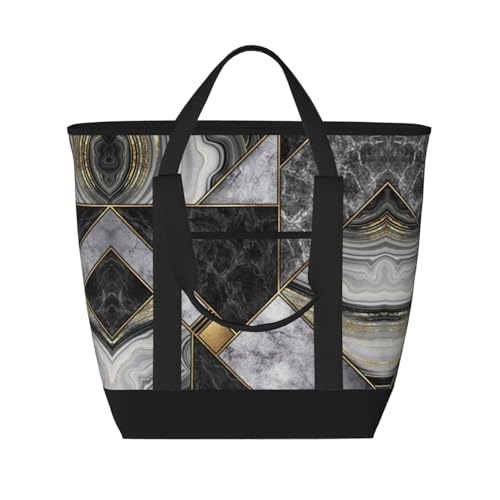 YQxwJL Schwarze Marmor-Textur, Golddruck, große Kapazität, isolierte Lunchtasche, wiederverwendbare Einkaufstasche mit Reißverschluss, für Damen und Herren