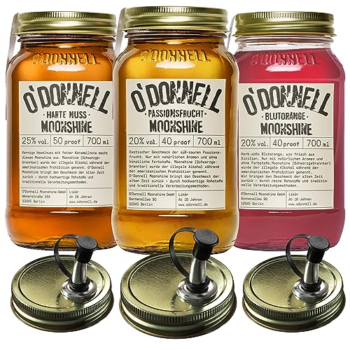 O'Donnell Moonshine Geschenkset | Geschenkbox | Premium Likör nach amerikanischer Tradition | 3 x 700ml | Natürliche Zutaten | Vegan | mit Ausgießer (Passionsfrucht/Harte Nuss/Blutorange)