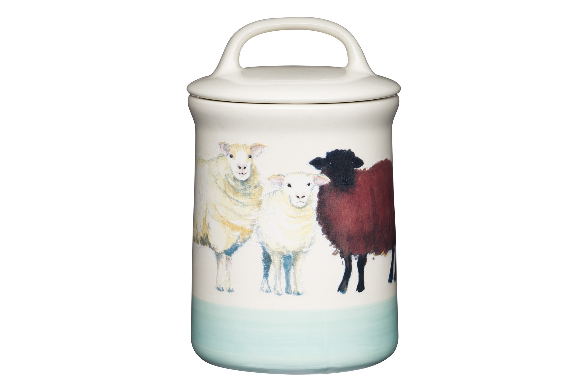 KitchenCraft APPLE FARM Handgefertigter, luftdichte Vorratsdose Sally Sheep, Keramik, Creme/Grün, 10.5 x 10.5 x 17.5 cm