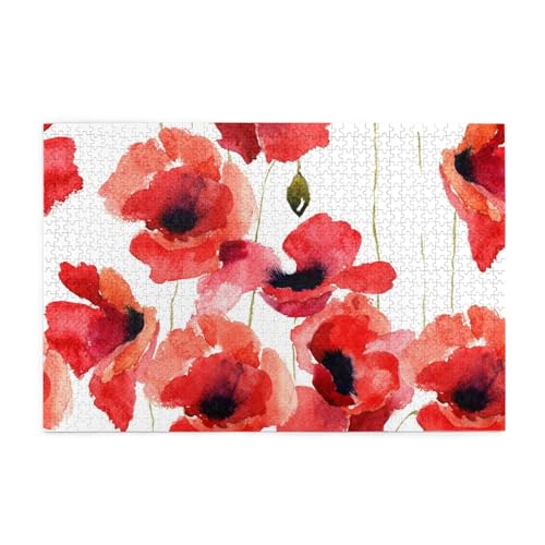 Aquarell-Mohnblumen, Puzzles 1000 Teile Holzpuzzle Spielzeug Familienspiel Wanddekoration