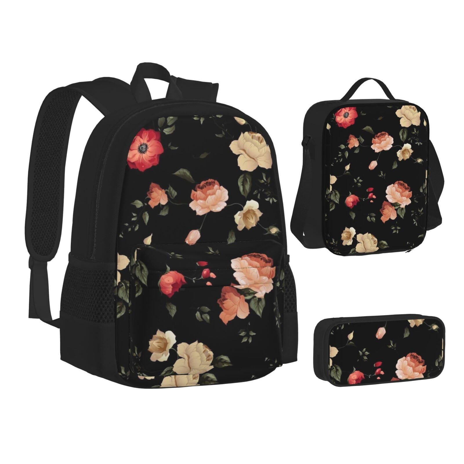 WURTON Herbst-Rucksack mit schönem Blumendruck, 3-in-1 (Federmäppchen + Schultasche + Lunchtasche)