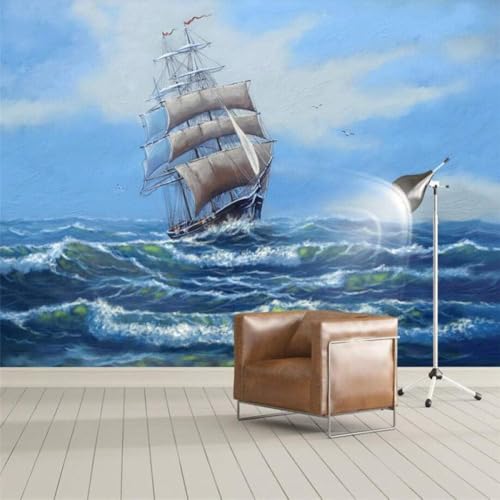 Blauer Himmel Weiße Wolken Meer Segelboote 3D Tapete Poster Restaurant Schlafzimmer Wohnzimmer Sofa TV Dekorative Wand-300cm×210cm