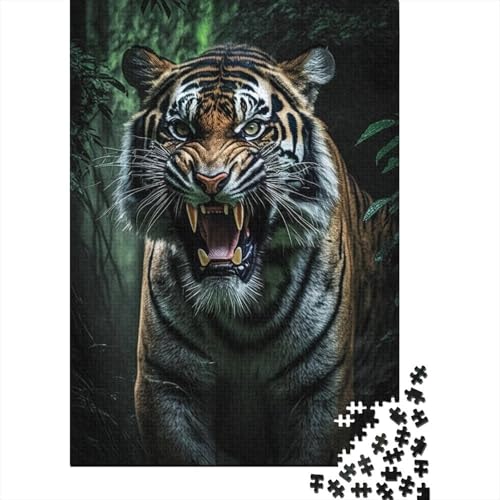 Wilder Dschungeltiger, Holzpuzzle für Erwachsene, Puzzlespielzeug, 500 Puzzles für Erwachsene, 500 Teile, interessante Puzzles zur Stressreduzierung (Größe 52x38cm)