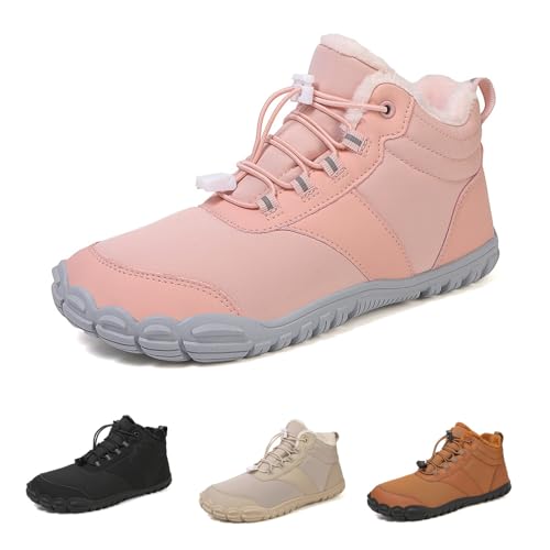 OTEB Barfußschuhe for den Winter, warme Schneestiefel for Reinschlüpfen, Zero Drop, breite Zehenbox, minimalistischer wasserdichter Wal, Barfuß-Winterstiefel(PINK,40 EU)