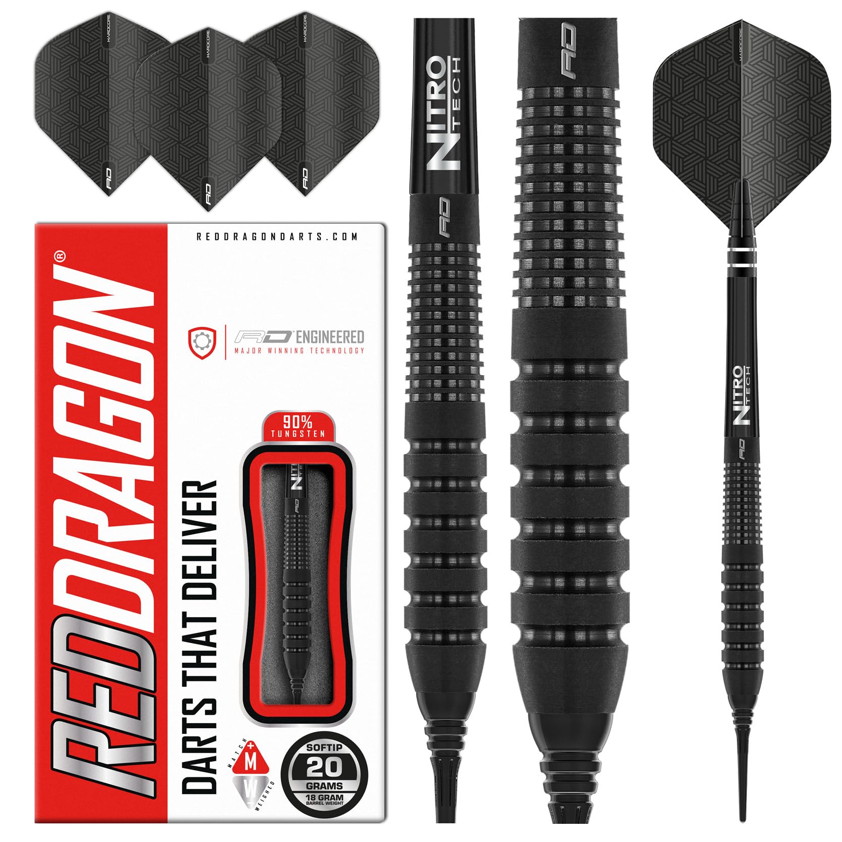 RED DRAGON Phantom - 20 gram Tungsten Softip Professional Darts Set with Flights and Nitrotech Shafts (Stems)