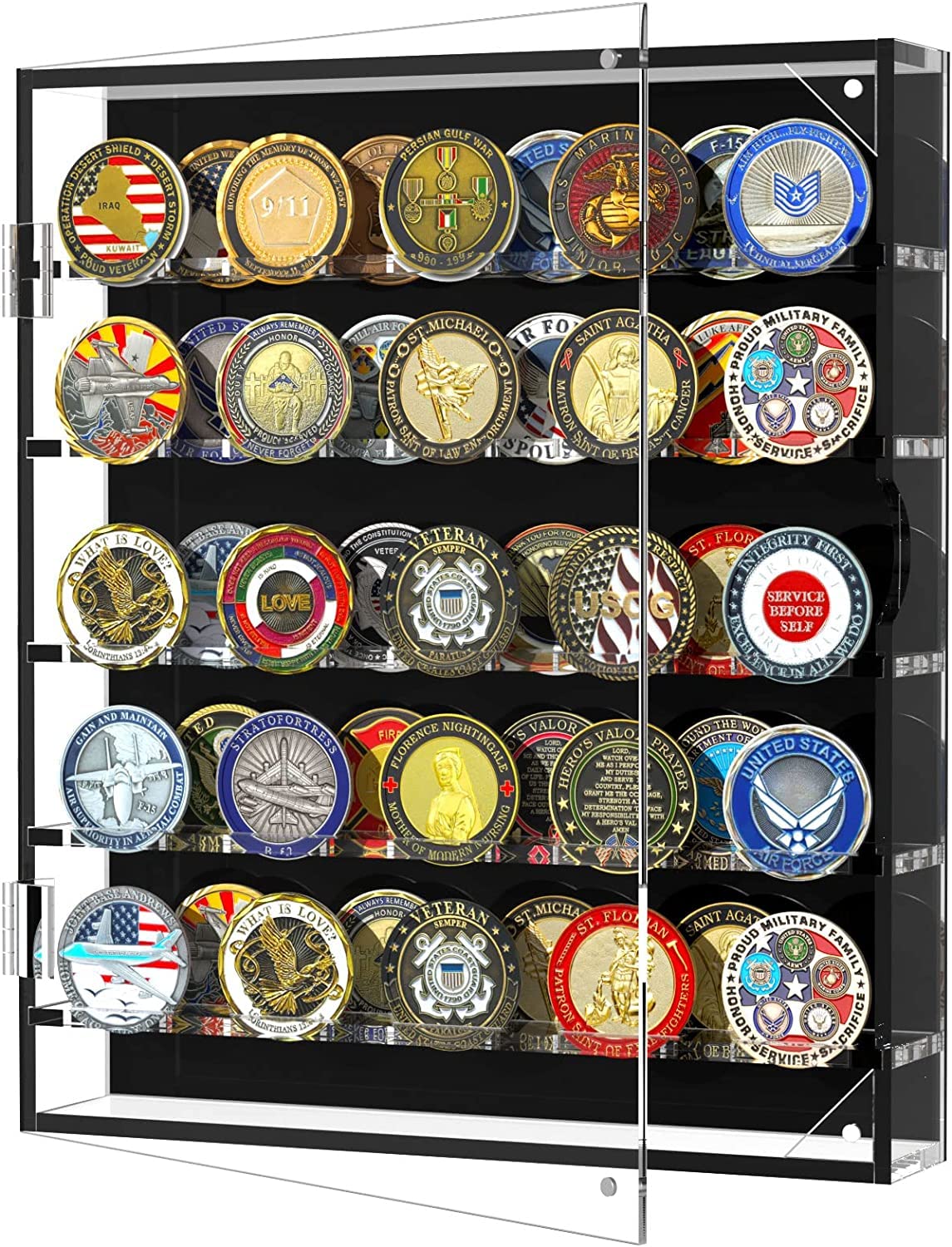 HHUXIUE Challenge Münzvitrine für Münzen, Acryl, militärische Herausforderung, Münzhalter mit abnehmbaren Regalen und magnetischer Tür, Münzbox für 45 Militärmedaillen, Pokerchip, Transparent