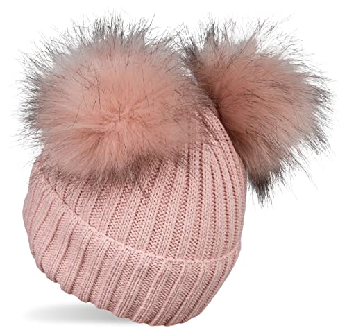 styleBREAKER Kinder Strick Bommelmütze mit 2 Kunstfellbommel und Fleece Futter, Winter Mütze, Strickmütze, 2-5 Jahre 04024203, Farbe:Altrose