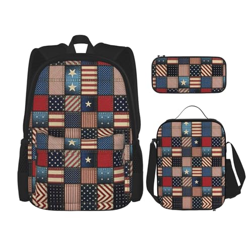 WURTON Rucksack mit amerikanischer Flagge, Patchwork-Druck, für Mädchen, Jungen, Schultaschen, Teenager, Lunchbox und Federmäppchen, 3-in-1-Büchertaschen-Set