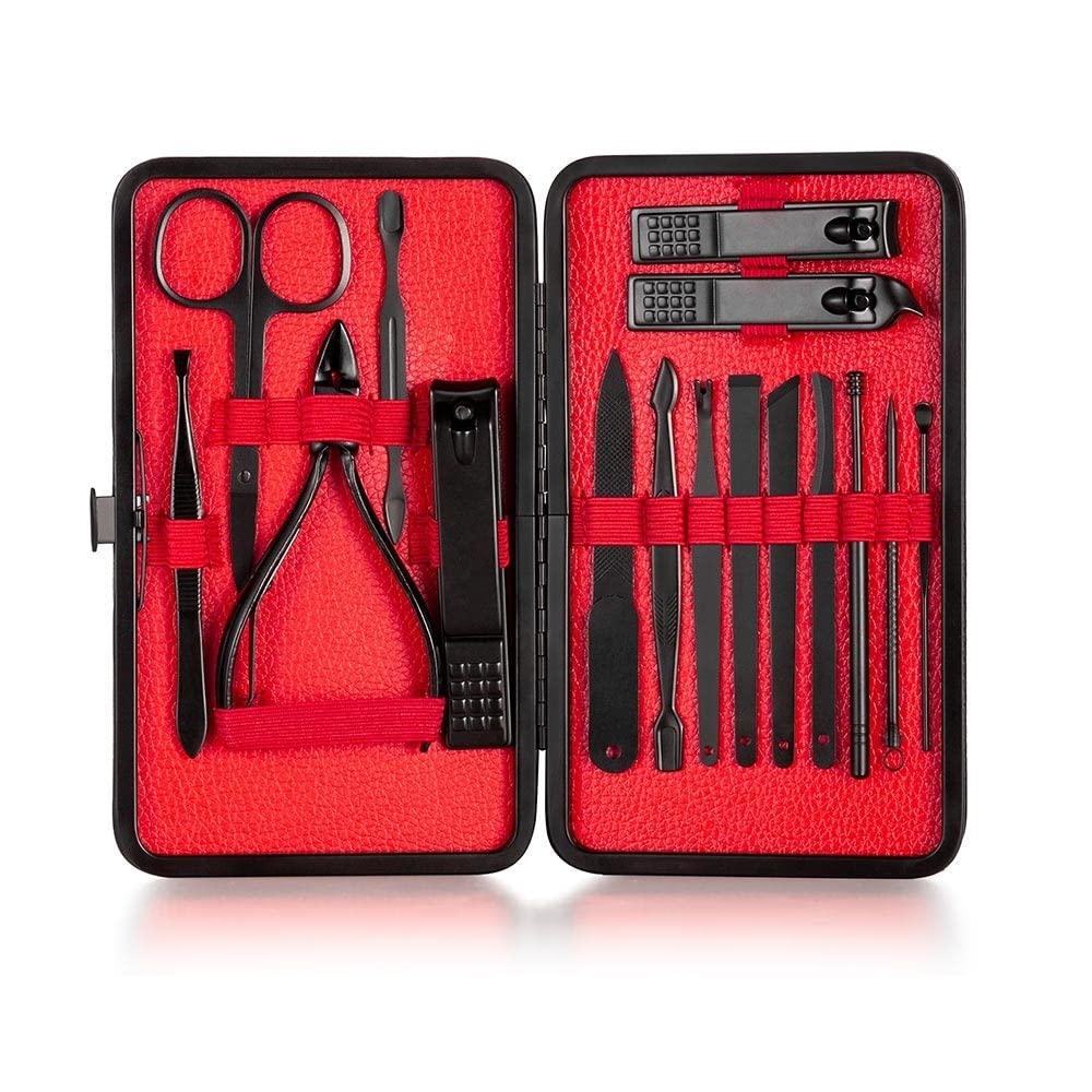 SCRUBY 18-in-1-Maniküre-Set, Edelstahl, Nagelknipser, Pediküre-Set, tragbar, für Reisen, Haushalt, Nagelschere, Nagelschneider, Werkzeug-Set (16-teiliges rot)