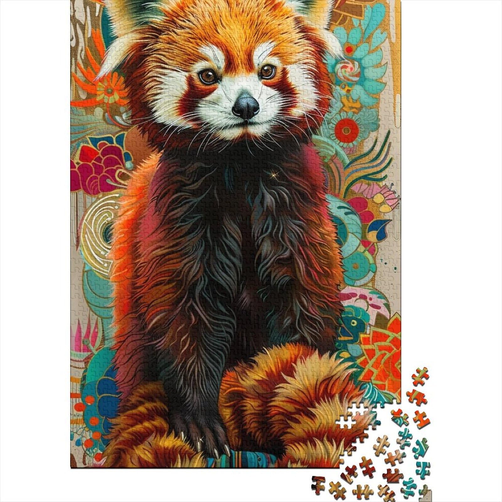 Farbenfrohes Holzpuzzle mit rotem Panda für Erwachsene und Jugendliche von Difficult Challenging Puzzles, 1000 Teile, entspannendes intellektuelles Lernspielzeug 29,53x19,69 Zoll