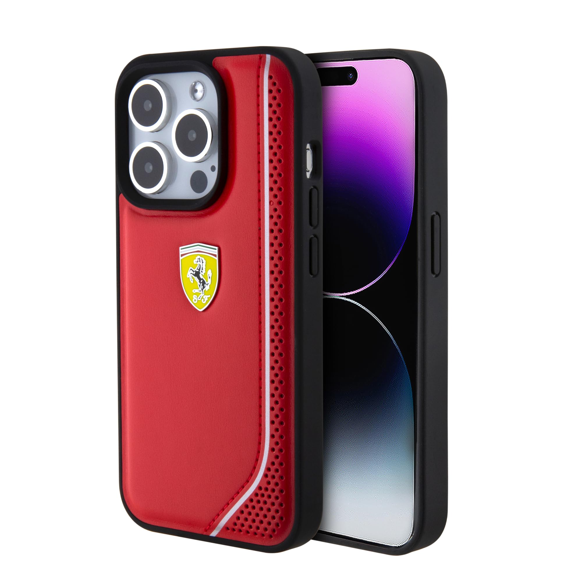 CG MOBILE Ferrari Kompatibel mit iPhone 15 Pro Hülle Rot mit Reflektierender Linie, PU Leder, Anti-Kratzer, Glatte Schutzhülle mit Easy Snap-on, Stoßdämpfung & Signature Logo, (FEHCP15LPNYR)