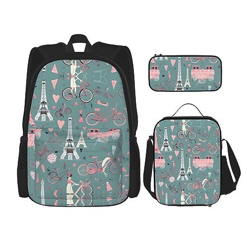 WURTON Romantische Paris Eiffelturm Fahrrad Druck Lunchbox Federmäppchen Rucksack Set 3 Stück Verstellbare Träger Langlebig Leicht, Schwarz, One Size