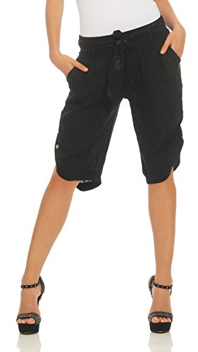 Mississhop 281 Damen Capri 100% Leinen Bermuda lockere Kurze Hose Freizeithose Shorts mit Gürtel und Knöpfen Schwarz L