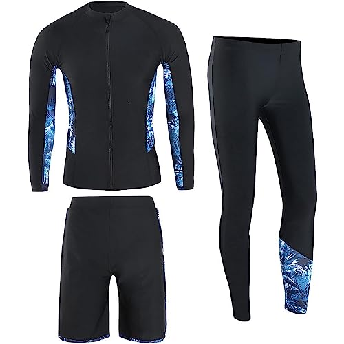 RUIZE Herren-Surfanzug, UV-Schutz, 3-teiliges Set, langärmlige Badebekleidung, langärmeliger, sportlicher, elastischer Sommer-Tauchanzug, geteilter Badeanzug zum Surfen, Schnorcheln,Schwarz,XL