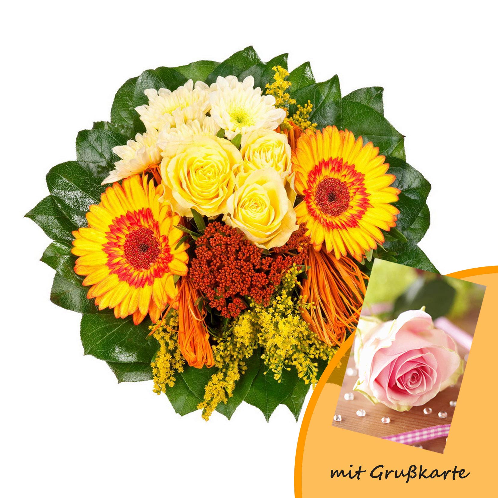 Dominik Blumen und Pflanzen, Blumenstrauß "Sonnenschein" mit gelben Rosen, Chrysantheme, Gerbera, Goldrute und Fetthenne und Grußkarte "Rosen"