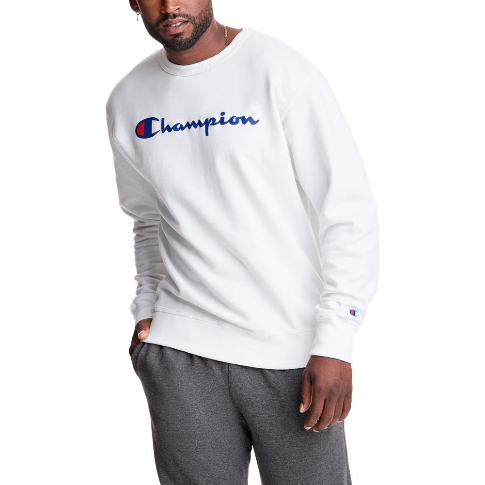 Champion Herren Graphic Powerblend Fleece Crew Sweatshirt, Weiß, Large