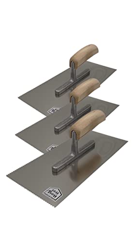 Zahnkelle aus Edelstahl mit Holzgriff Zahnspachtel Glättkelle Zahnscheibe Glättscheibe Traufel Spachtel (Zahnkelle A2 | 3 Stück)