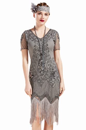 ArtiDeco 1920s Kleid Damen Flapper Kleid mit Kurzem Ärmel Gatsby Motto Party Damen Kostüm Kleid (Grau Silber, XS (Fits 70-74 cm Waist))