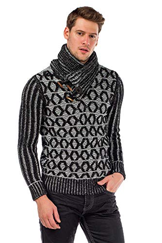 Cipo & Baxx Herren Strickpullover Muster Schalkragen Pullover Sweatpullover Sweater Longsleeve Schwarz M