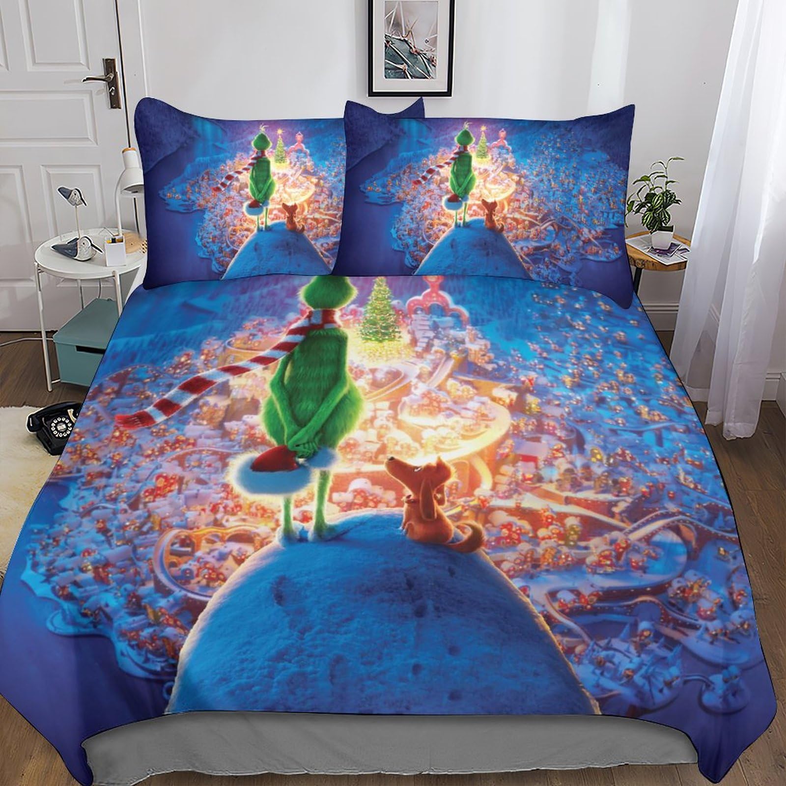 The-Grinch Modernes 3-teiliges Bettwäsche-Set Mit 3D-Druck Und Verstecktem Reißverschluss, Mikrofaser- Cartoon-Animation Bettwäsche Mit Kissenbezügen Für Einen Erholsamen Schlaf Double（200x200cm）