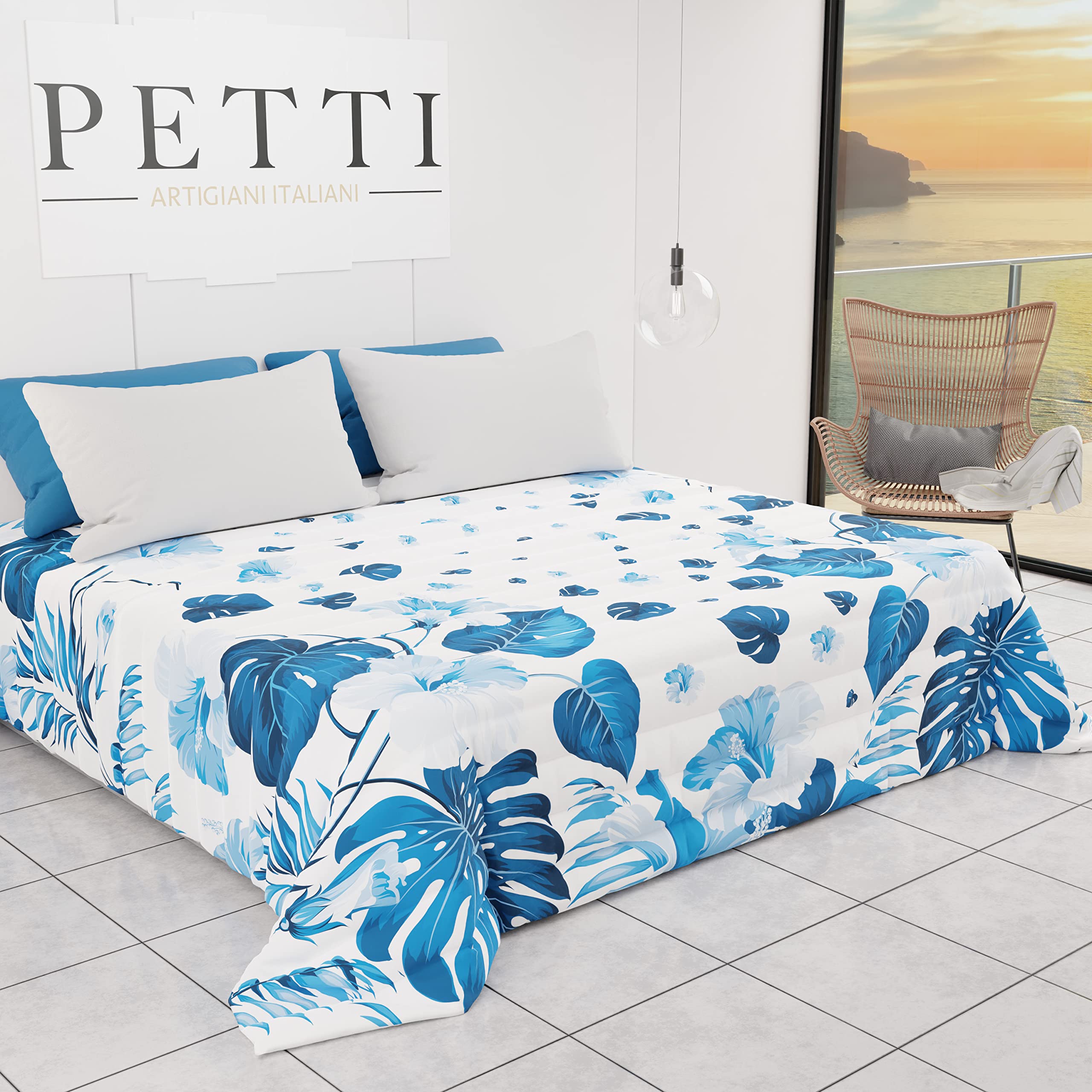 PETTI Artigiani Italiani - Sommer-Tagesdecke für Einzelbett, tropisches Design 01, 100% hypoallergene Mikrofaser, hergestellt in Italien