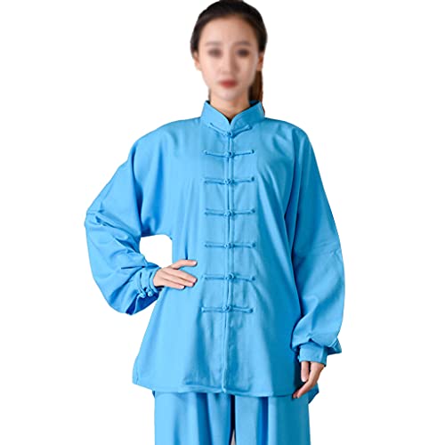 ZHOUXIAO Baumwollleinen Taichi Uniform Frau Stretch Martial Arts Anzug Kung Fu Kleidung Zen Meditation Kleidung Morning Übungen Kleidung Langarm Jacke Hemd Hosen Blue-L