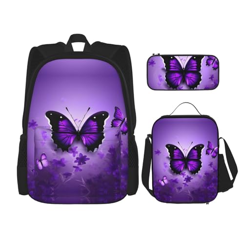 WURTON Lunchbox / Federmäppchen, Rucksack-Set, 3-teilig, verstellbare Riemen, langlebig, leicht, Violett mit Schmetterlingen, Schwarz, One Size