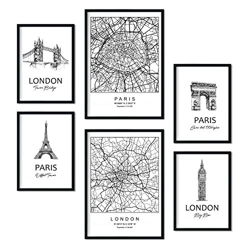 Nacnic Set von 6 Poster von Paris und London. Sammlung von Platten mit ästhetischer Collage für Innendekoration. Größen A3 und A4. Rahmenlos