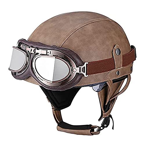 Halbhelme Halbschale Motorradhelm Jethelme Retro Leder-Helm Mit Fliegerbrille Herren Und Damen Scooter-Helm Roller Helm Mofa-Helm Jet-Helm Brain-Cap Helm Retro Half Helm Mopedhelm ECE Zertifizierung